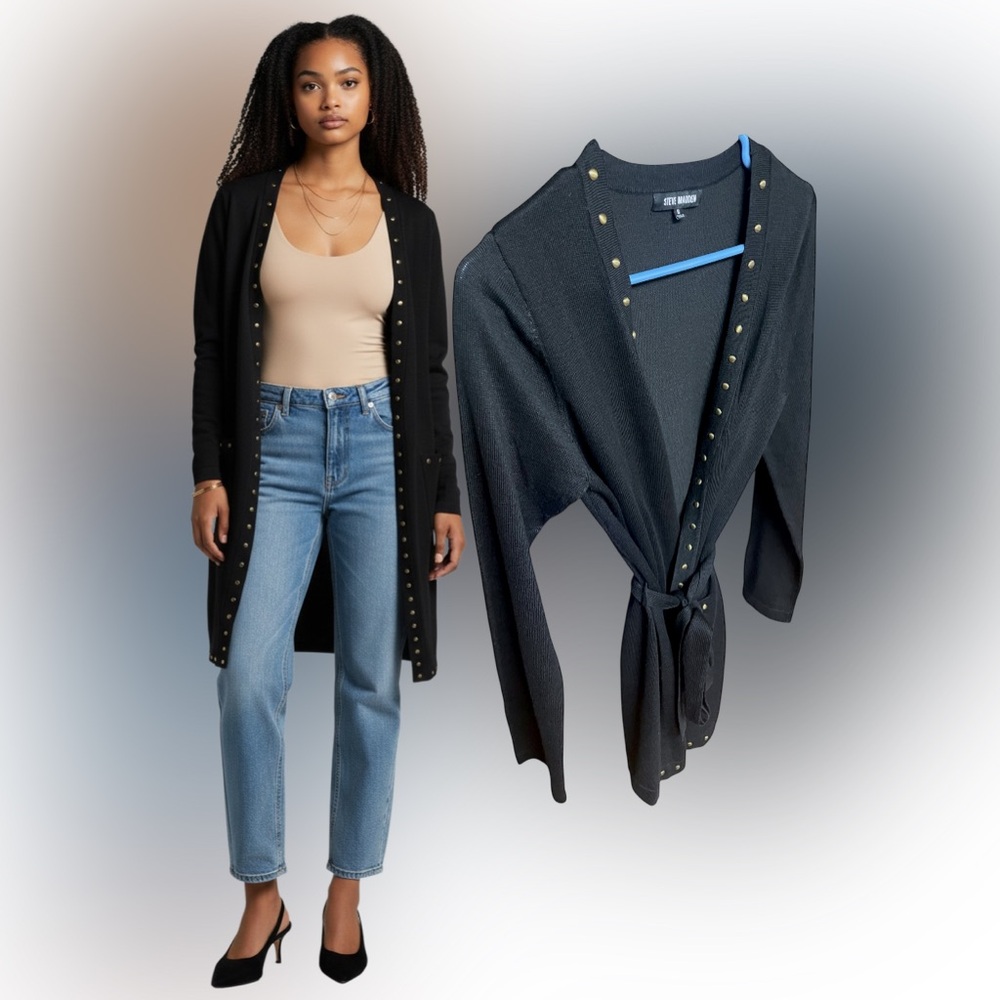 Steve Madden Studded Belted Longline Cardigan Black Small Gold Hardware